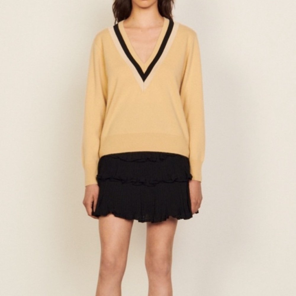 Sandro V-Neck Sweater in Cream and Black